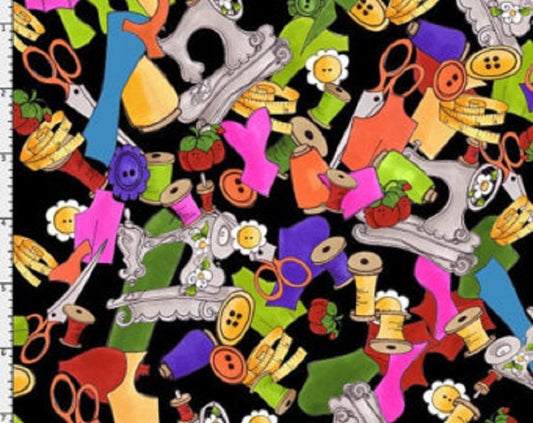 Loralie Sew Fabulous Kaleidasew Sewing Notions Bright on Black Background Fabric Loralie Harris - Priced by the 1/2 Yard - Cut from Bolt