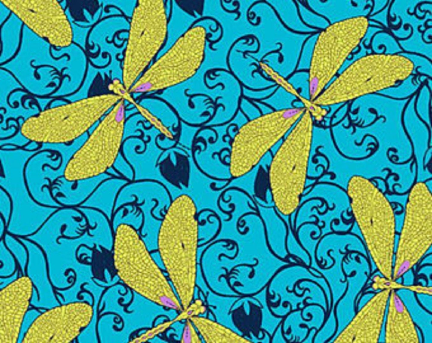 Hayden Ink and Arrow Lime Green Dragonfly on Blue Background 1649-26304-B - Priced By the 1/2 Yard