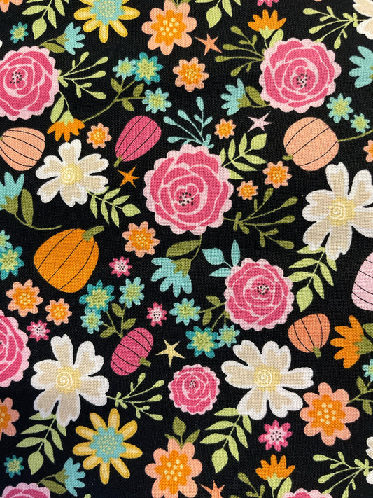 Kitty Loves Candy Halloween Poppie Cotton Fabric - Pumpkin Floral on Black Background- Priced by the 1/2 Yard - Precut 1 yard cuts