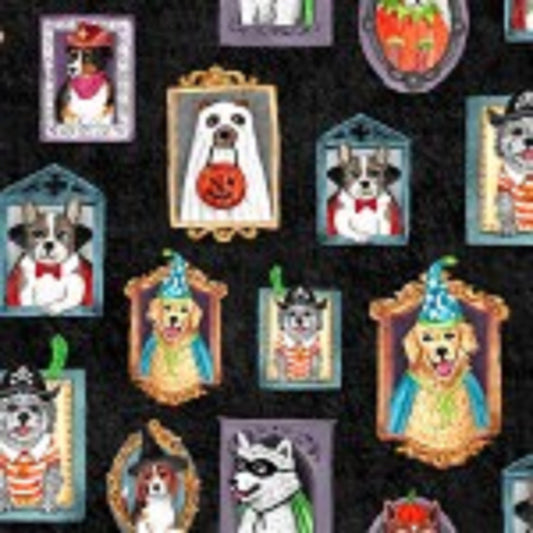 Dog Halloween Fabric - Canine Court DC8938-B- Michael Miller - Black Background - Priced by the 1/2 yard -