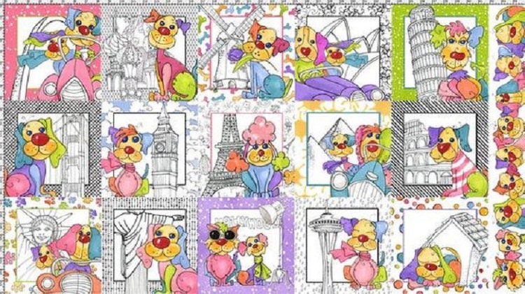 Dog Gone by Loralie - Pastel Dogs on Vacation Panel 5/8 yard  Paris Hollywood Travel - Out of Print