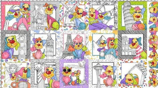 Dog Gone by Loralie - Pastel Dogs on Vacation Panel 5/8 yard  Paris Hollywood Travel - Out of Print