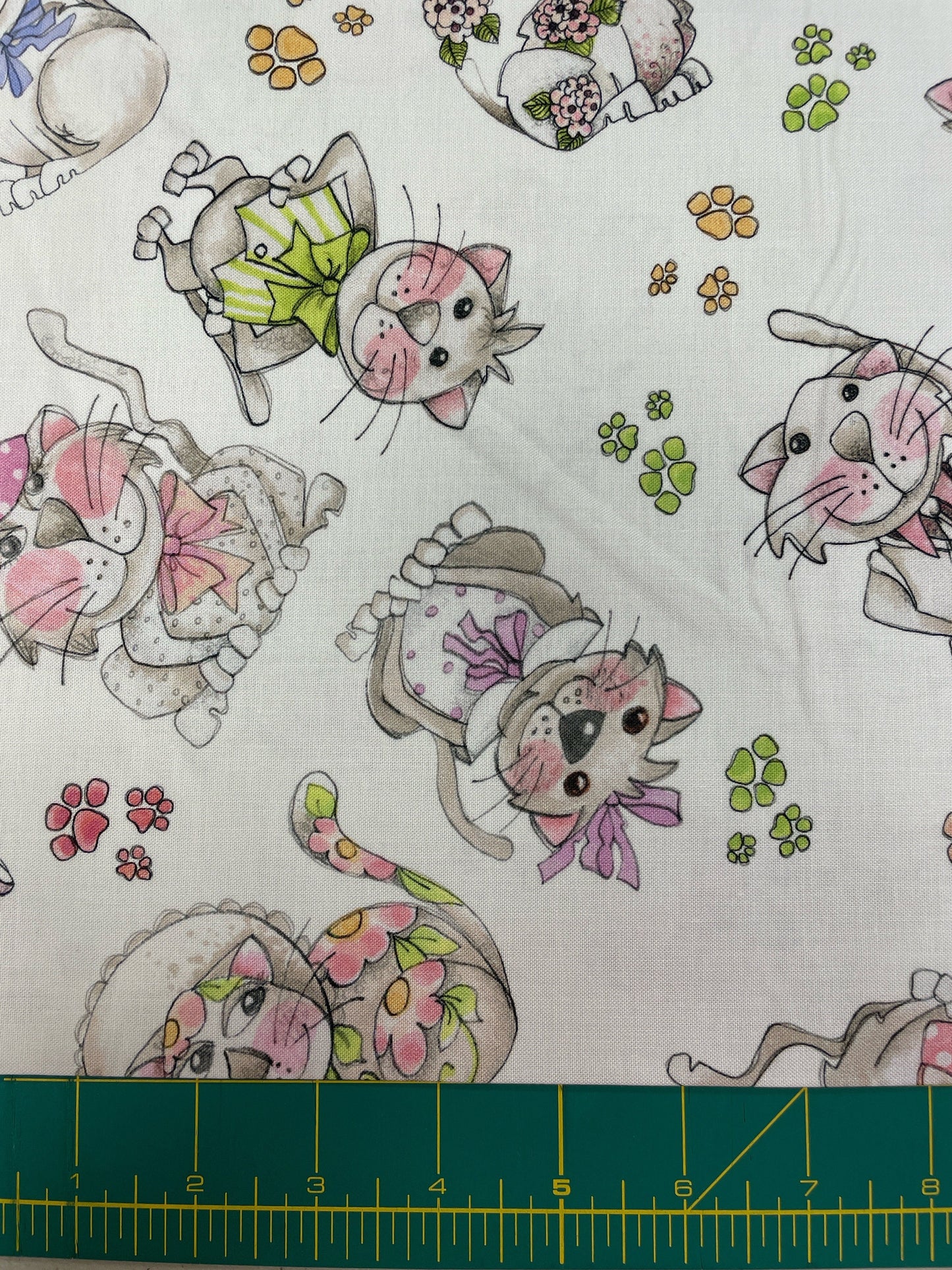 Loralie Kitty Toss Pastel Cat Fabric on White Background Fabric Loralie Harris - Priced by the 1/2 Yard - Cut in 1 continuous piece