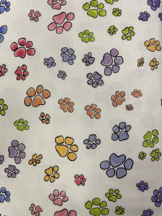 Loralie Pastel Cat Dog Paw Fabric   on White Background Fabric Loralie Harris   Sold by the Half Yard   Cut in 1 piece NEW