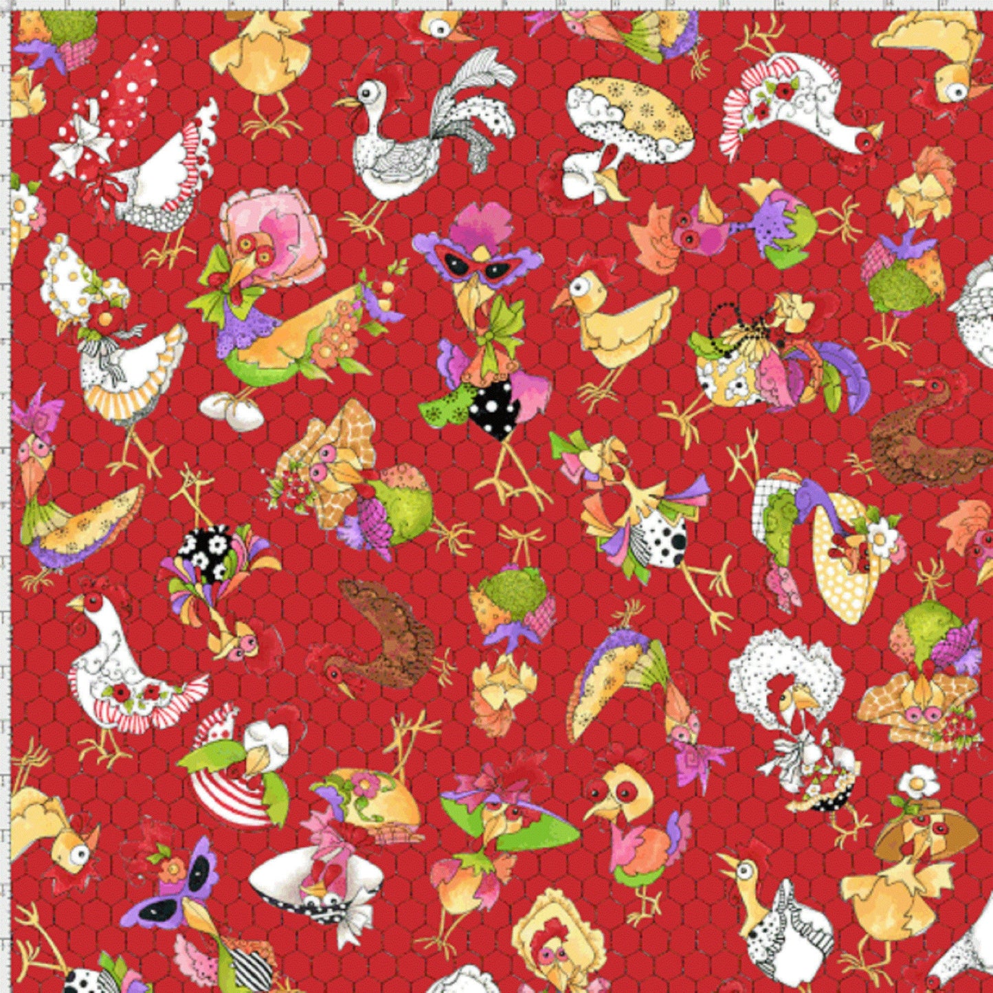 Loralie Coopers Chicken Chique Fabric on Red Background Fabric Loralie Harris - Priced by the 1/2 Yard - Cut in 1 piece
