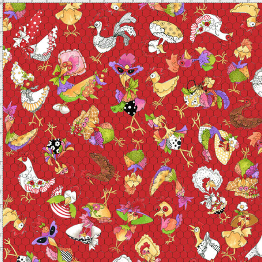 Loralie Coopers Chicken Chique Fabric on Red Background Fabric Loralie Harris - Priced by the 1/2 Yard - Cut in 1 piece