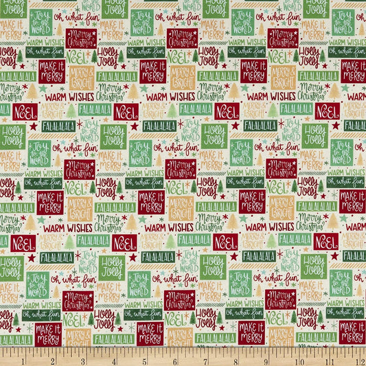 P&B Fabric Christmas Miniatures #04725 Merry Christmas Text on Cream