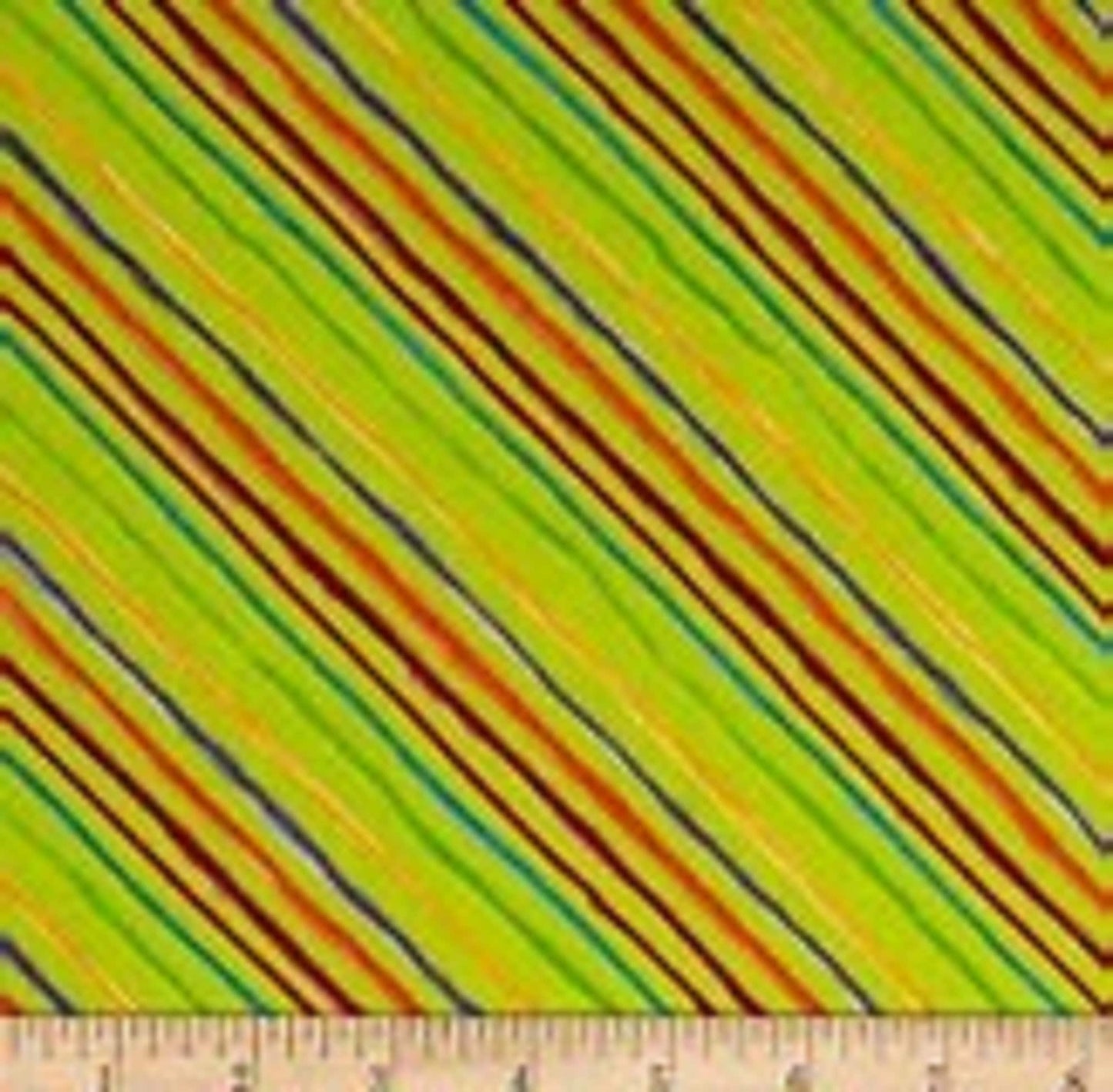 Loralie Diagonal Rainbow Stripes on Lime Background   Quirky Bias Stripe   Cotton Fabric   Priced By the Half Yard