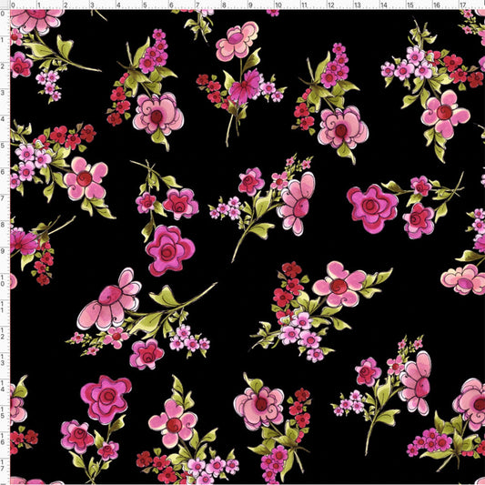 Loralie Jumbo Black Floral - Pink - Priced by the 1/2 yard
