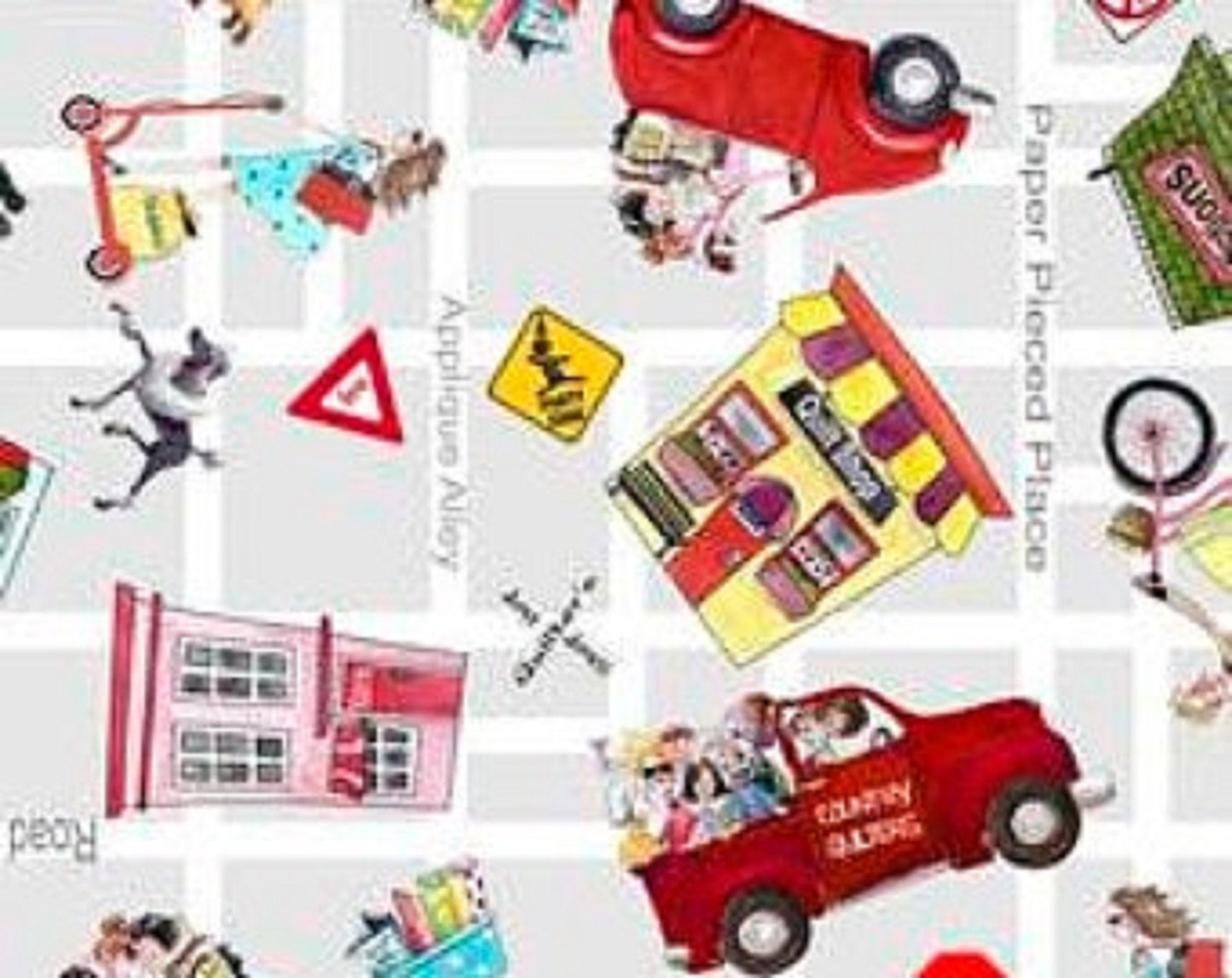 Desiree's Designs It's a Shop Hop Fabric Travel Print on Gray Background  QT Fabrics - Priced  by the 1/2 Yard - Cute!