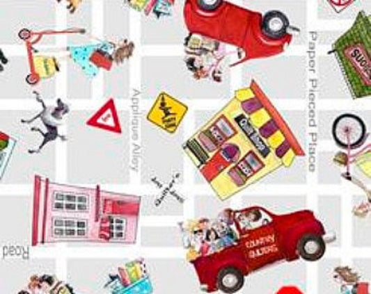 Desiree's Designs It's a Shop Hop Fabric Travel Print on Gray Background  QT Fabrics - Priced  by the 1/2 Yard - Cute!