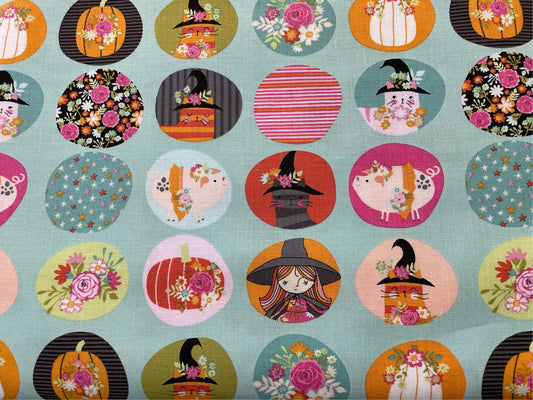 Kitty Loves Candy Halloween Poppie Cotton Fabric   Round motif  Aqua Background  Priced by the Half Yard   cut continuously