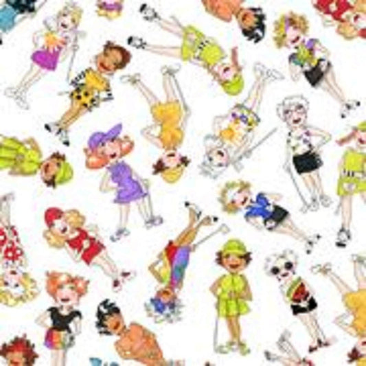 Golf Fabric / Golf Happy, You Go Girl Golf Happy Tossed Golfer Girls on White by the half yard