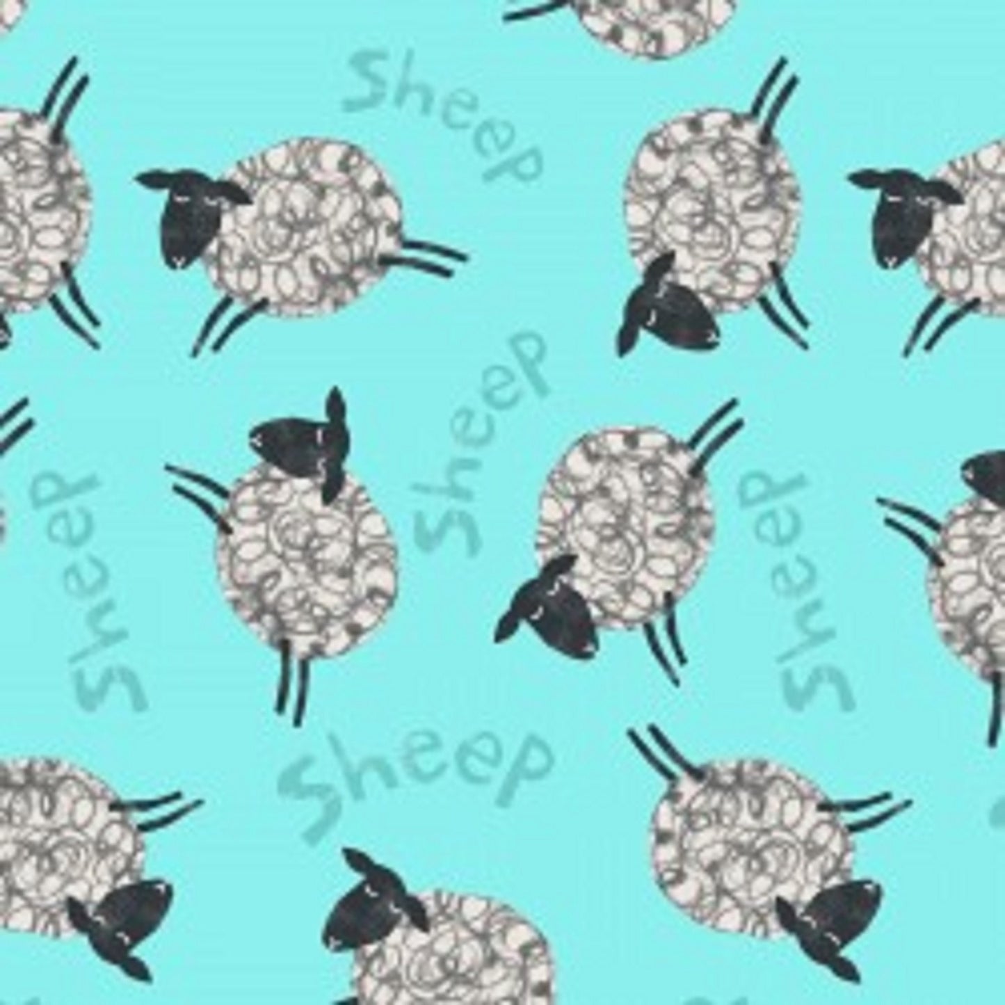 Clothworks Animal Magic Fabric Wooley Sheep on Aqua Blue Background   Tracey English    Priced by the Half Yard