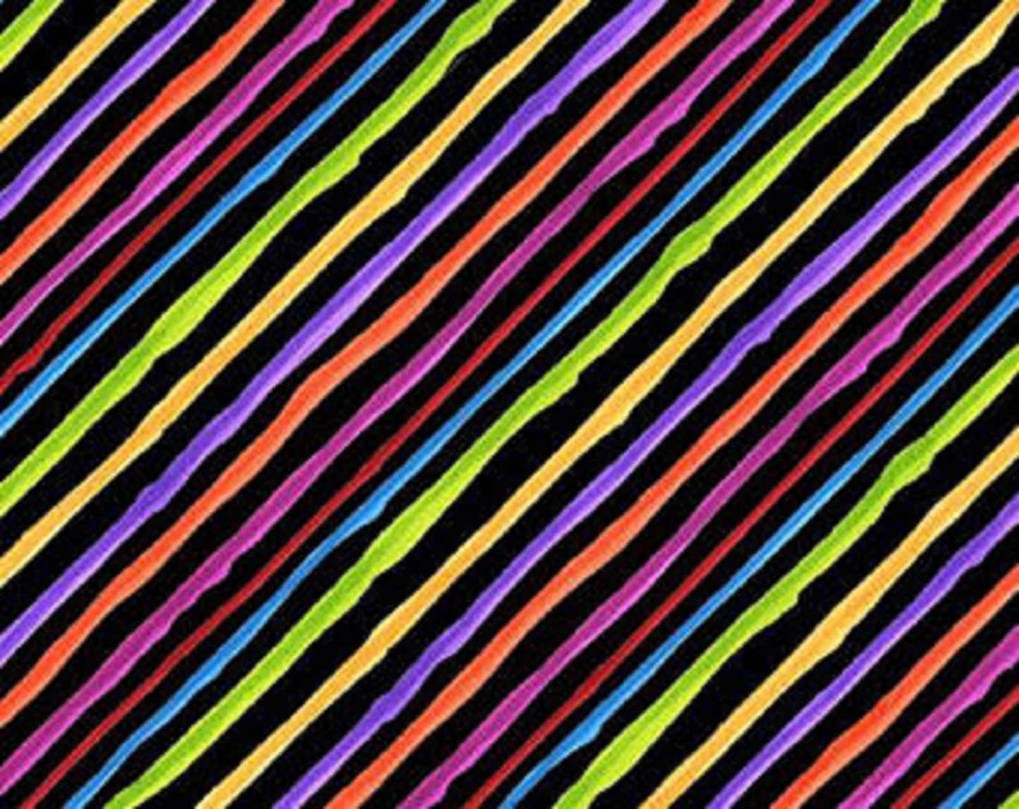 Loralie Diagonal Rainbow Stripes on Black Background Cotton Fabric   Priced By the Half Yard cut continuously