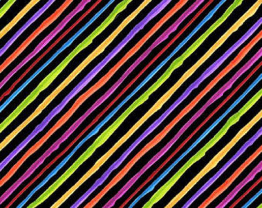 Loralie Diagonal Rainbow Stripes on Black Background Cotton Fabric   Priced By the Half Yard cut continuously