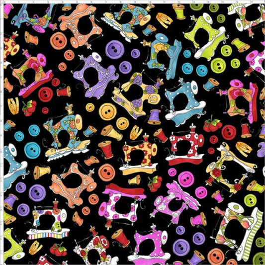 Loralie Sew Assorted Bright Sewing Machines Buttons on Black Background Fabric Loralie Harris   Priced  by the Half Yard