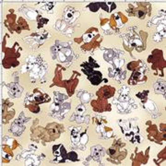 Loralie Tossed Doggies Brown Grey on Bone Background Fabric Loralie Harris   Priced by the Half Yard   Cut in 1 piece