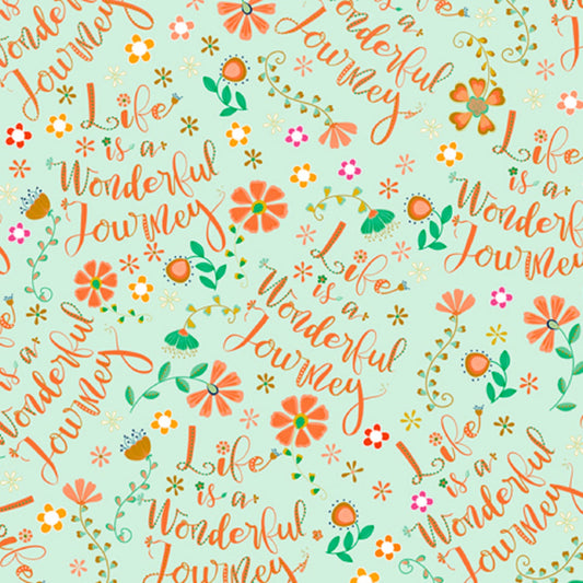 Road Trip Flower Power Life is a Wonderful Journey Words Fabric   QT Fabrics Aqua Background   Priced by the Half yard   NEW
