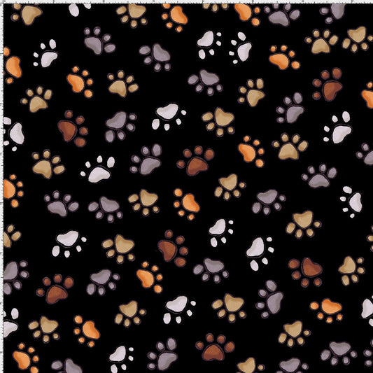 Loralie Dog Cat Paws Brown Grey on Black Background Fabric Loralie Harris   Priced by the Half Yard   Cut continuously