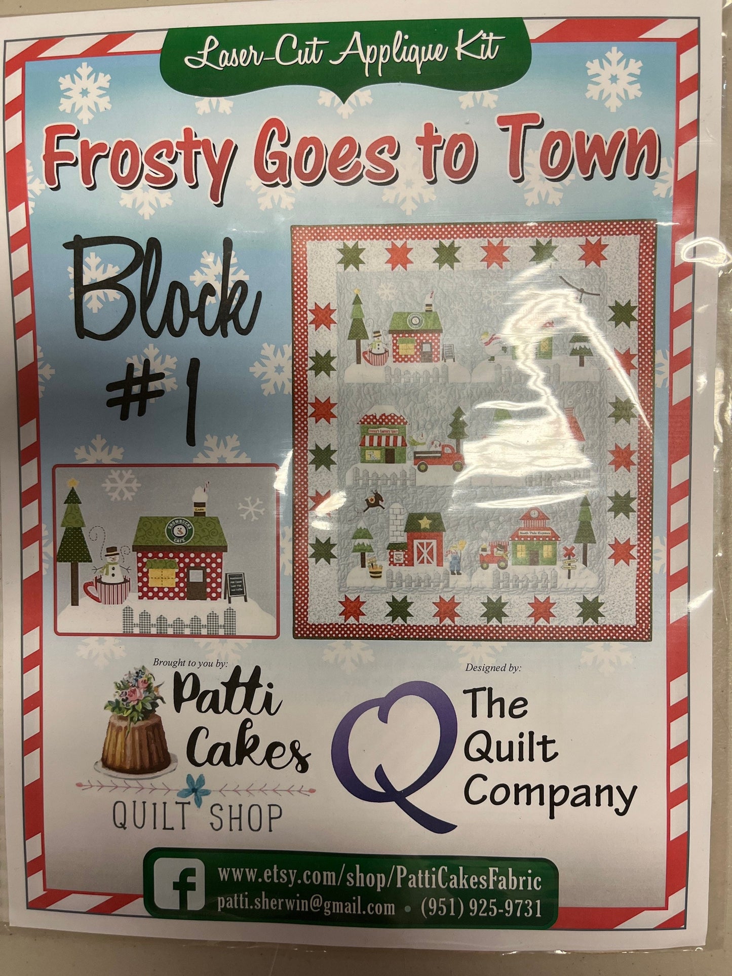 Frosty Goes to Town Laser Cut Applique Kit   Block #1 Snowbucks Cafe   Fabric & Pattern #1   FREE Ship