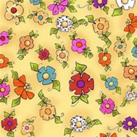 Loralie Happy Blooms Yellow Background Fabric Loralie Harris   Priced by the Half Yard   Cut continuously