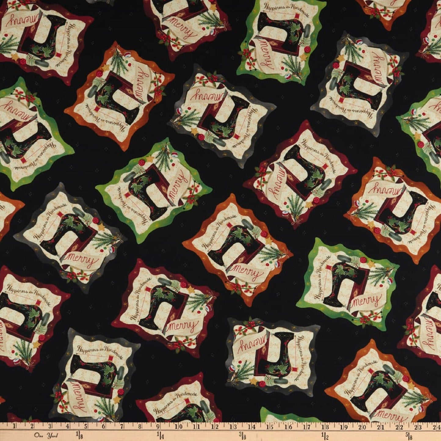 QT Fabrics   Happiness is Homemade Vintage Sewing Machines Black   Priced by the Half yard