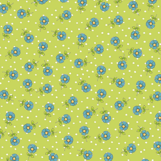 Loralie Daisy Dots Green  Blue Daisies   Priced by the Half yard