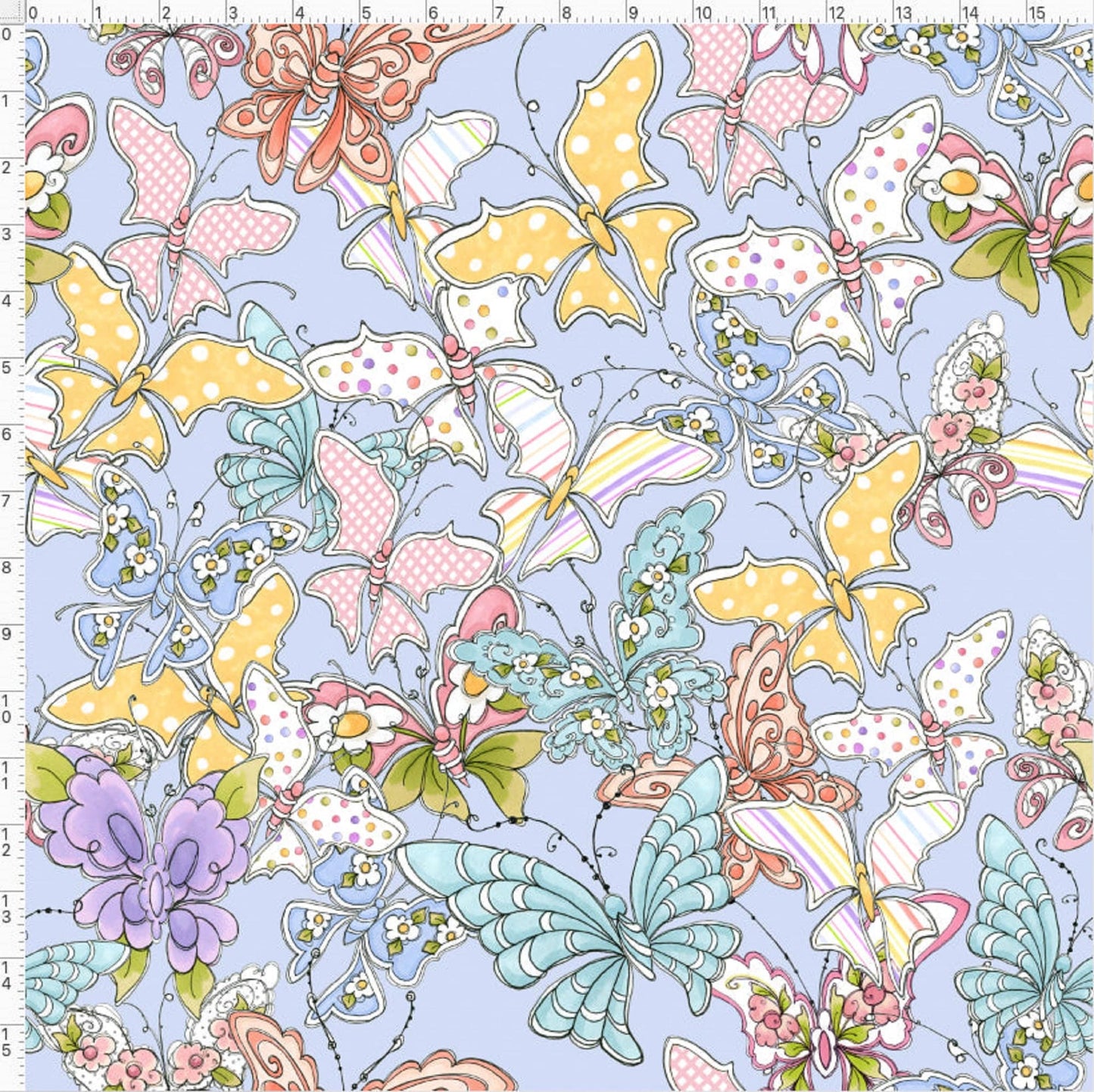 Loralie Swarm Blue   Butterfly on Light Blue   Priced by the Half yard