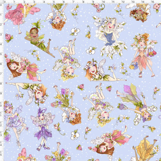 Loralie Tossed Fairies   Fairy Fabric on Blue   Priced by the Half yard