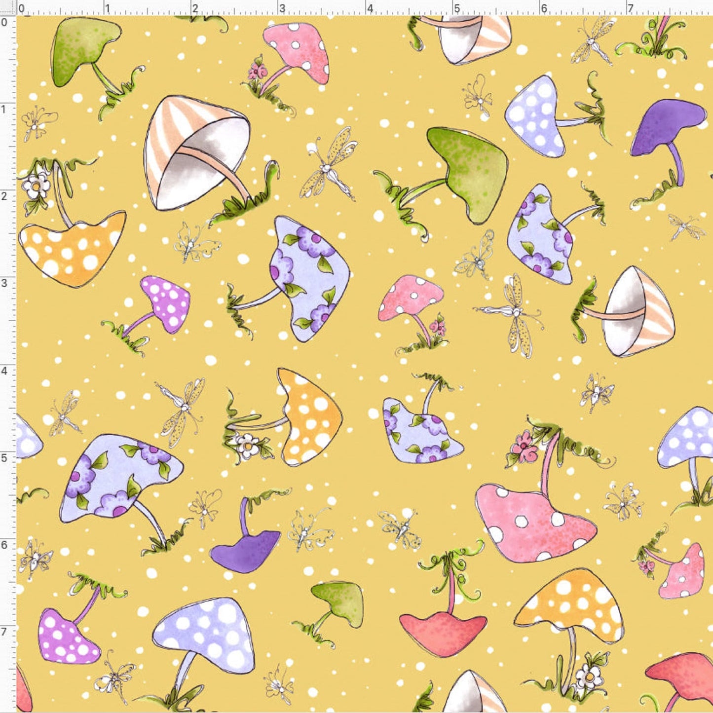 Loralie Floral Mushroom Toss on Yellow Background Priced by the Half yard  Cut continuously