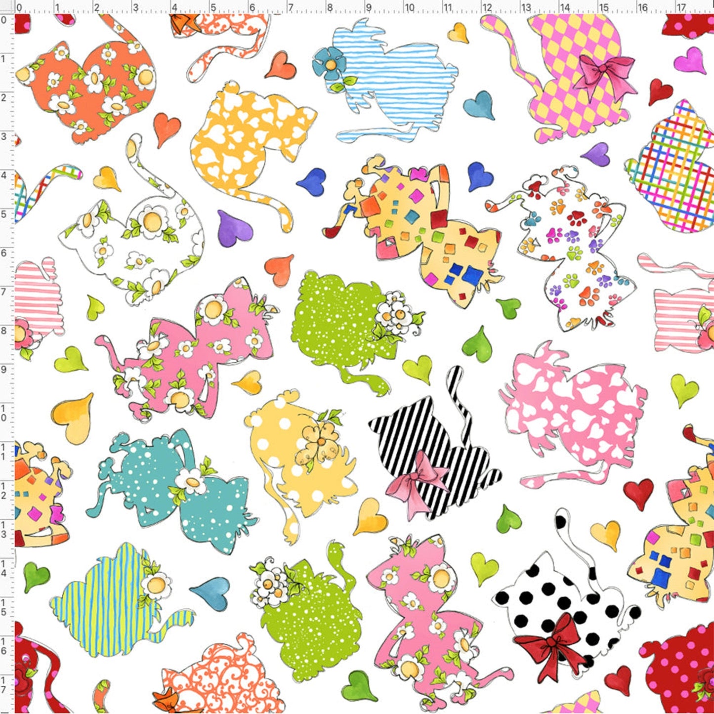 Loralie Applicats  Fabric   Bright Pastels Cats Hearts on white   Priced by the Half yard