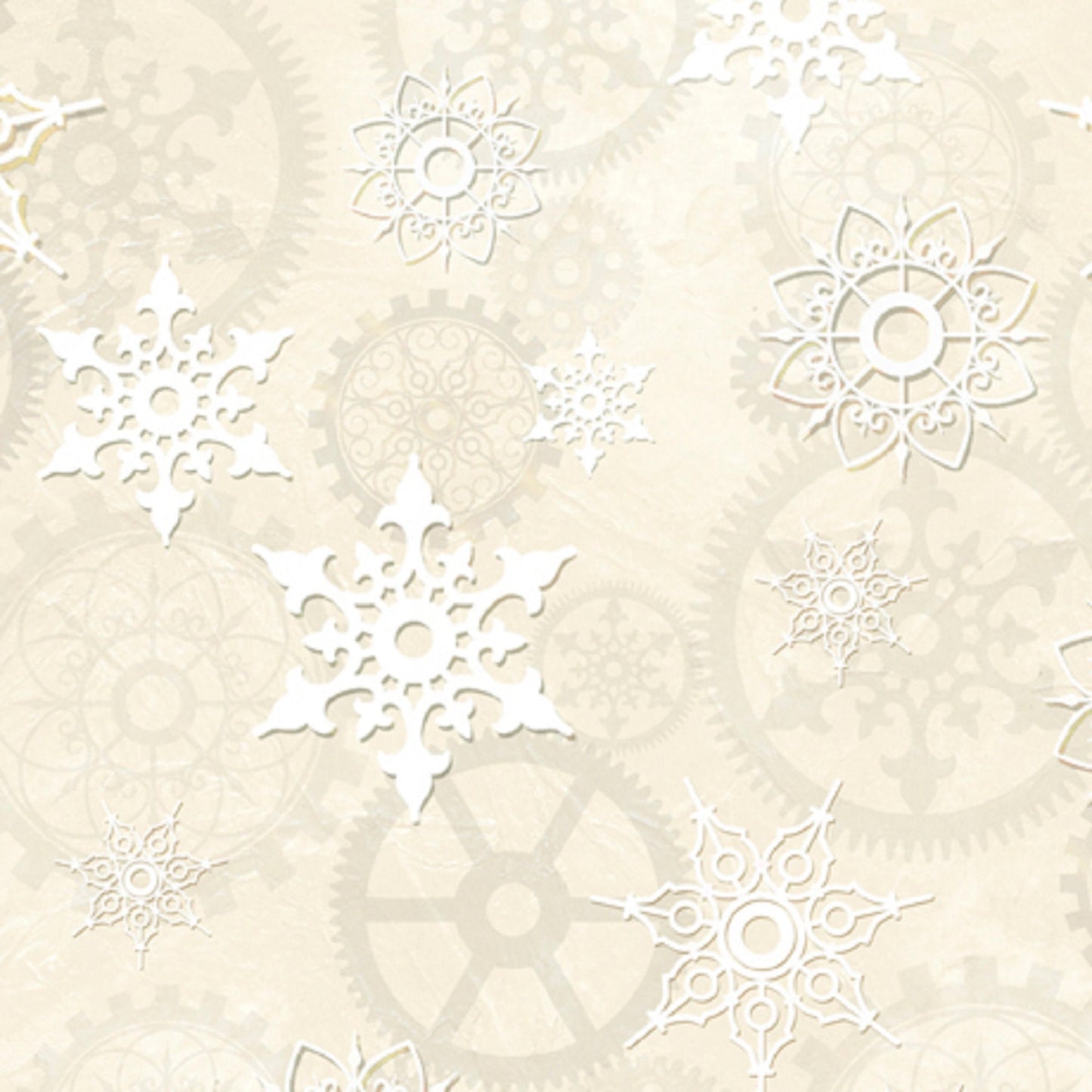 Cream fabric Gears  Steampunk Holidays Christmas Fabric   28905   Ecru Cream Blender   Gears/Snowflakes   Priced by the Half yard