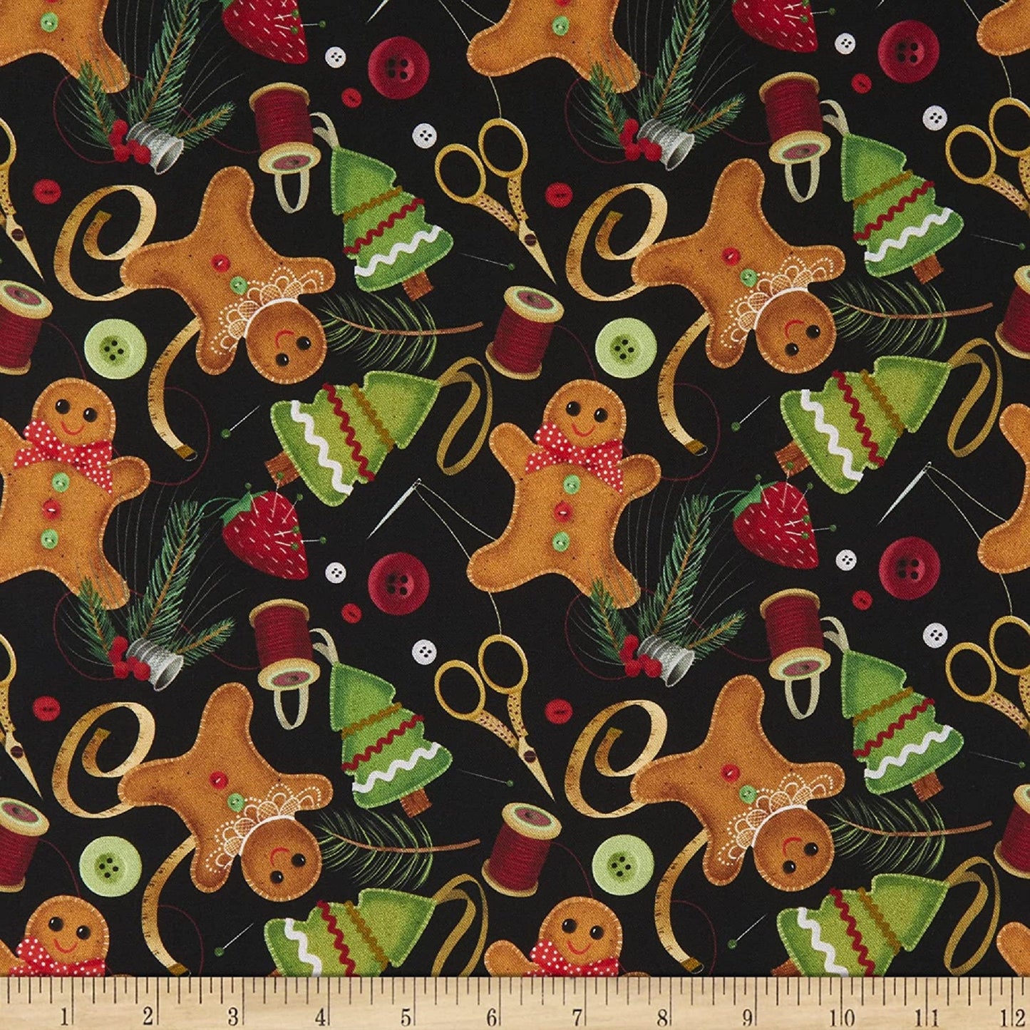 Gingerbread Fabric  Happiness is Homemade Sewing Motifs on Black   QT Fabrics 28908 J   Priced by the Half yard