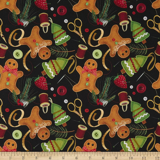 Gingerbread Fabric  Happiness is Homemade Sewing Motifs on Black   QT Fabrics 28908 J   Priced by the Half yard