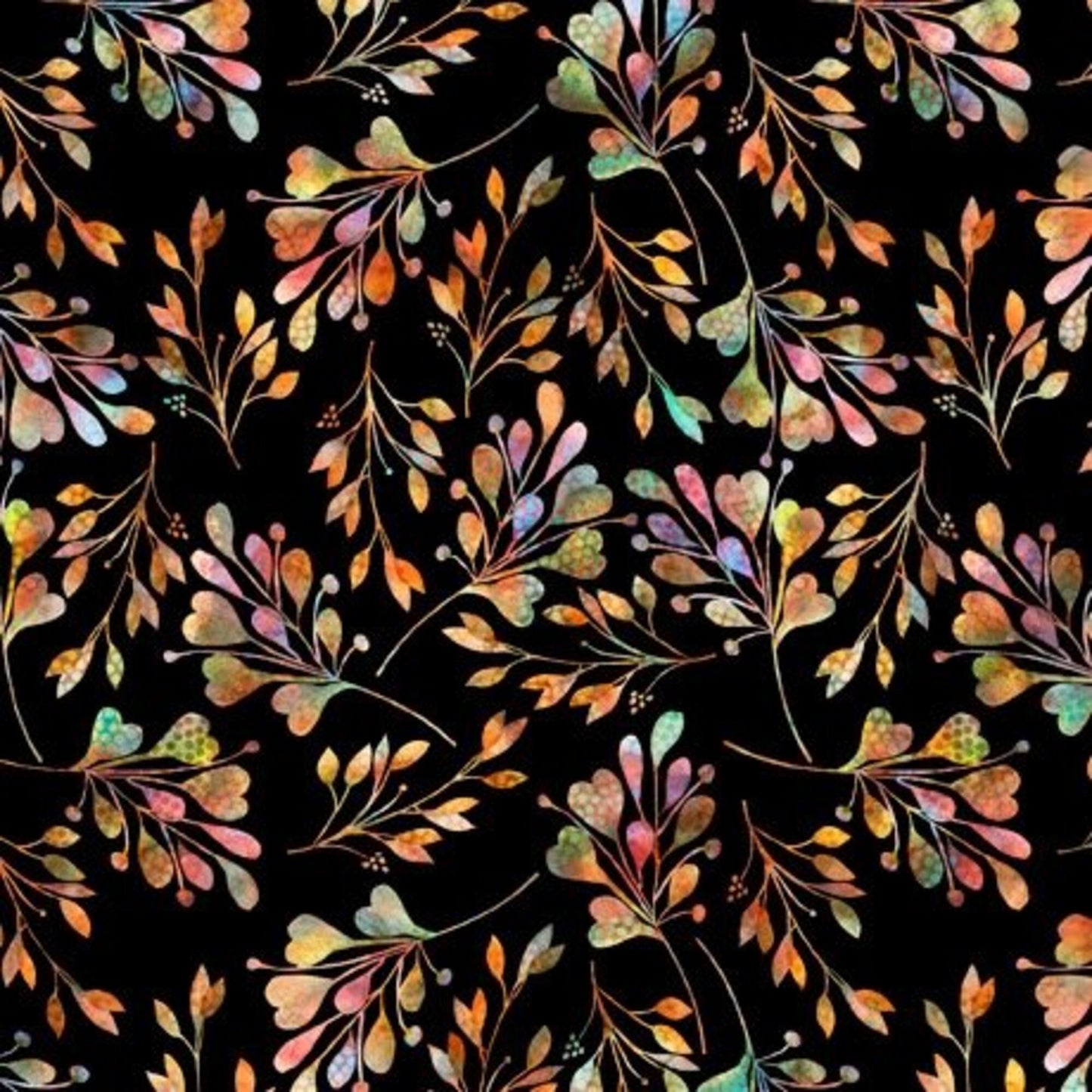 Periwinkle Floral Leaves on Black   QT fabric   28630   J   Price by the Half Yard