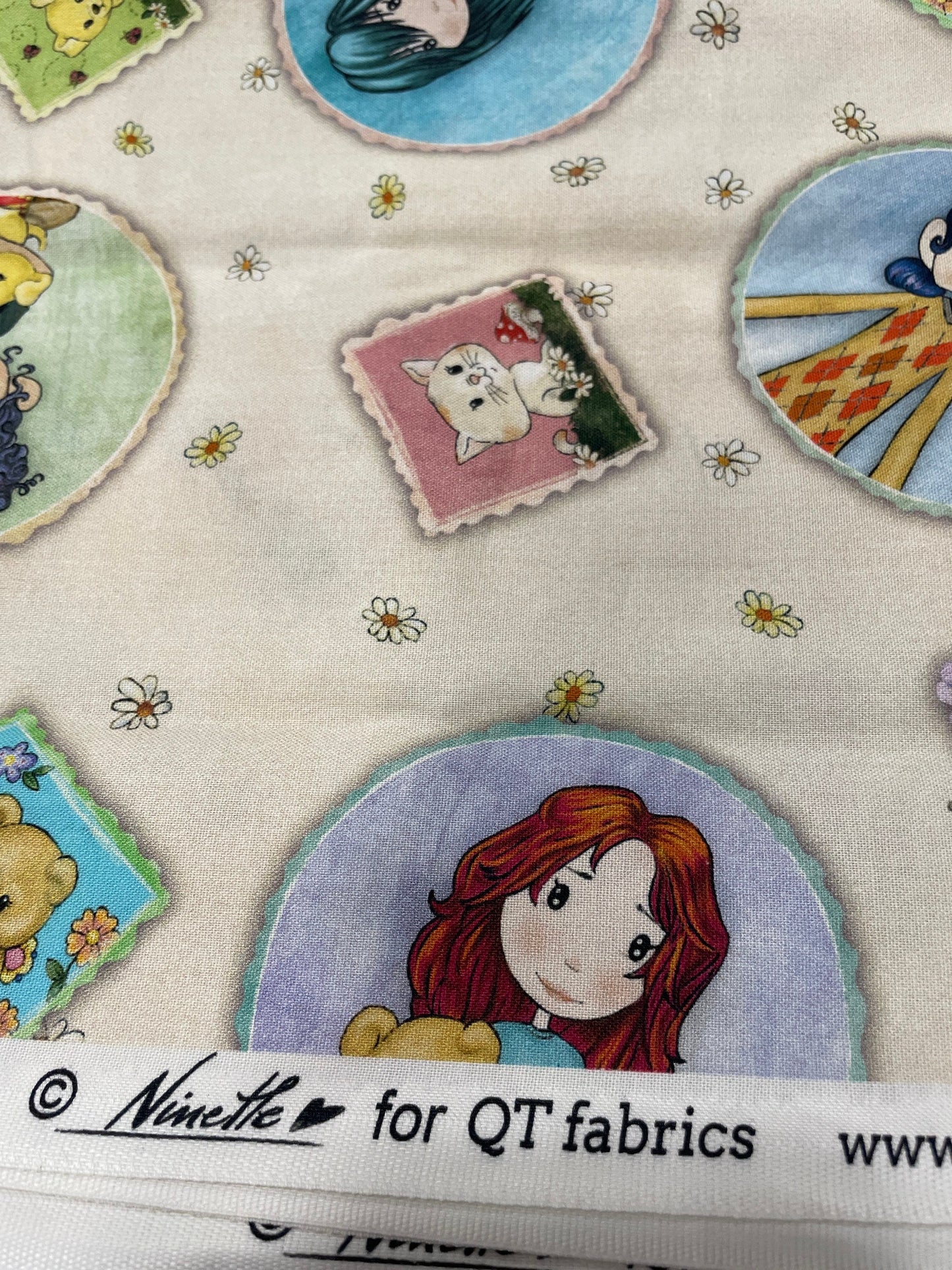 QT Fabric Garden Girls   Girls Flowers on Ecru by Ninette   28764   E   Priced by the Half Yard