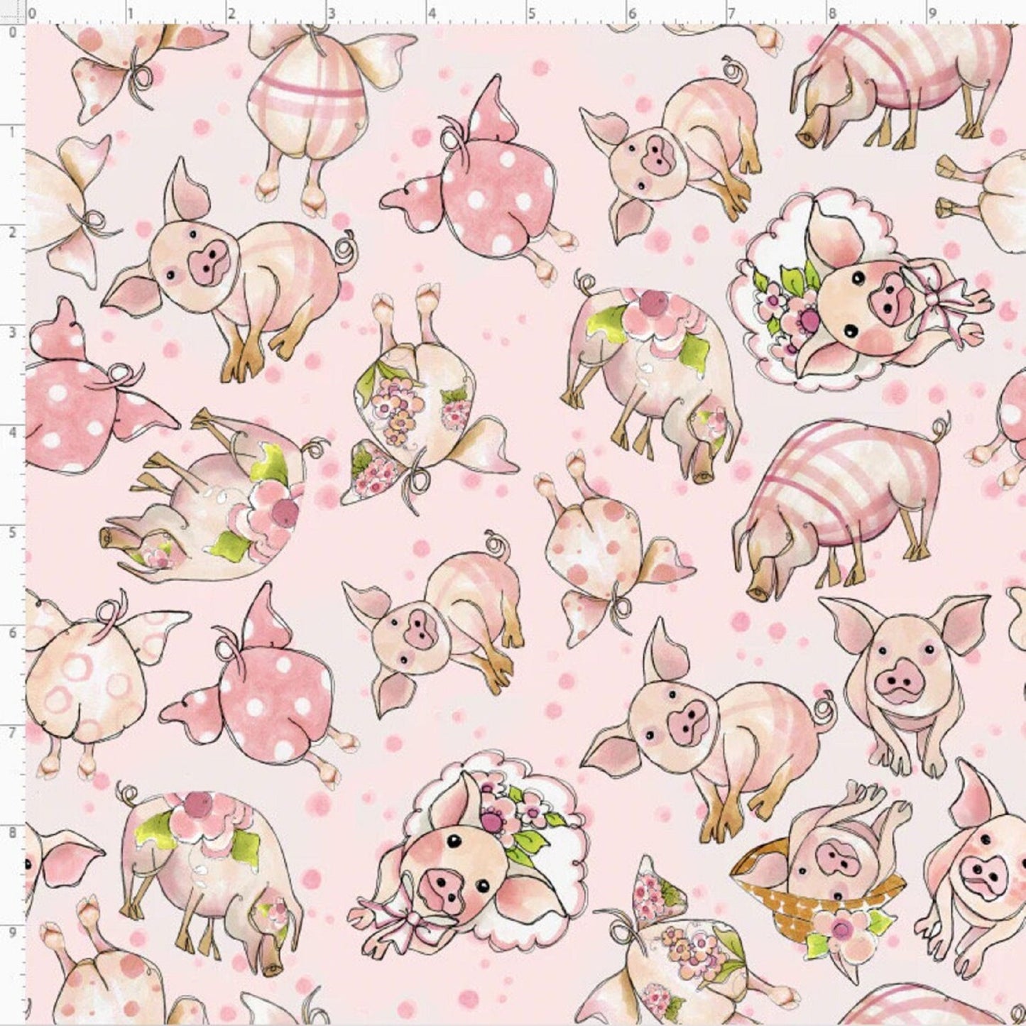 Loralie Tossed Pink Pig Fabric on pink background by the Half yard   NEW!