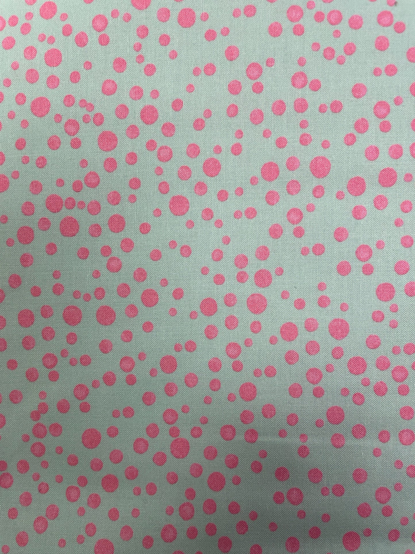 Loralie Pink Balloon Dots on Sage Green   Fabric  Priced by the Half yard Cut continuously