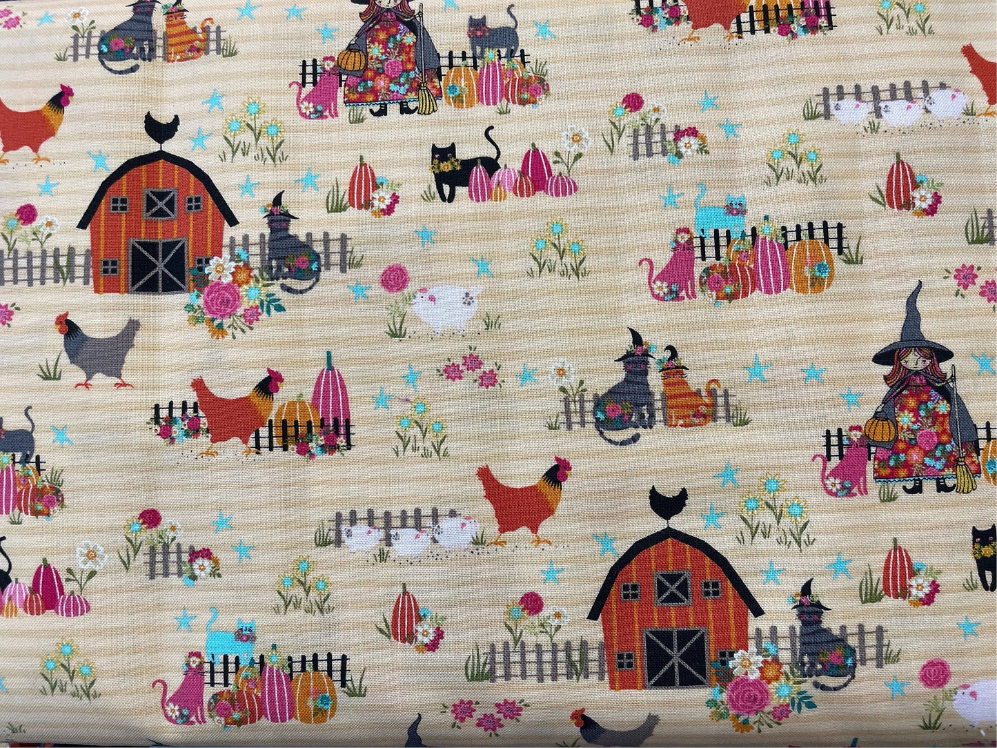 Kitty Loves Candy Halloween Poppie Cotton Fabric    chickens pigs Orange Background  Priced by the Half Yard   cut continuously