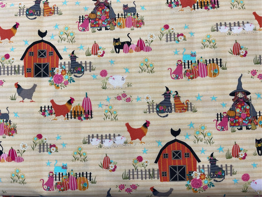 Kitty Loves Candy Halloween Poppie Cotton Fabric    chickens pigs Orange Background  Priced by the Half Yard   cut continuously