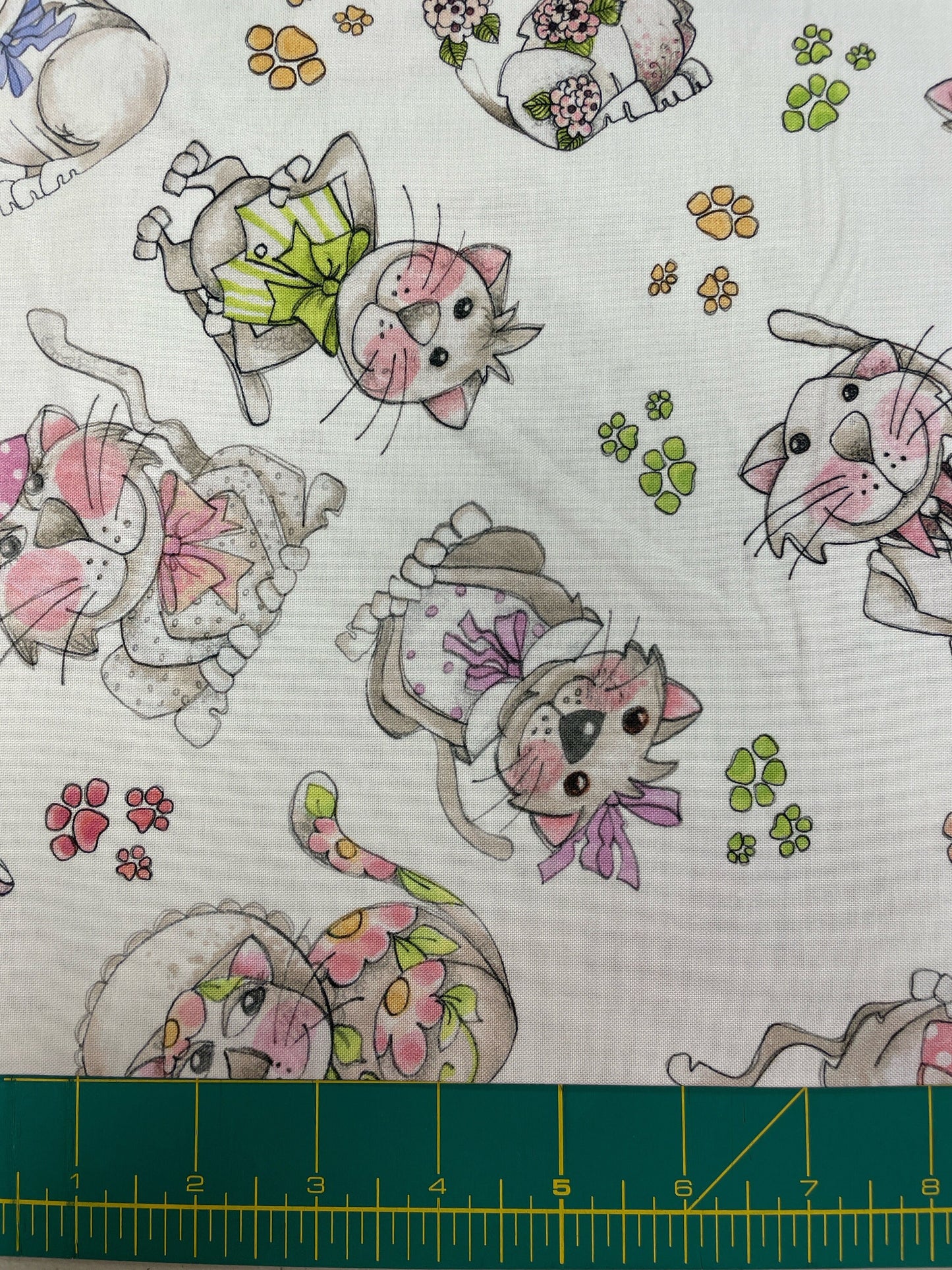 Loralie Kitty Toss Pastel Cat Fabric on White Background Fabric Loralie Harris   Priced by the Half Yard   Cut in 1 continuous piece