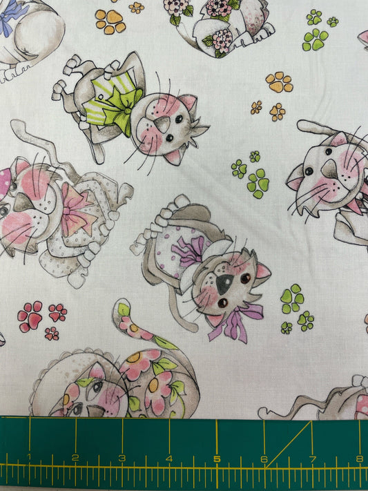 Loralie Kitty Toss Pastel Cat Fabric on White Background Fabric Loralie Harris   Priced by the Half Yard   Cut in 1 continuous piece
