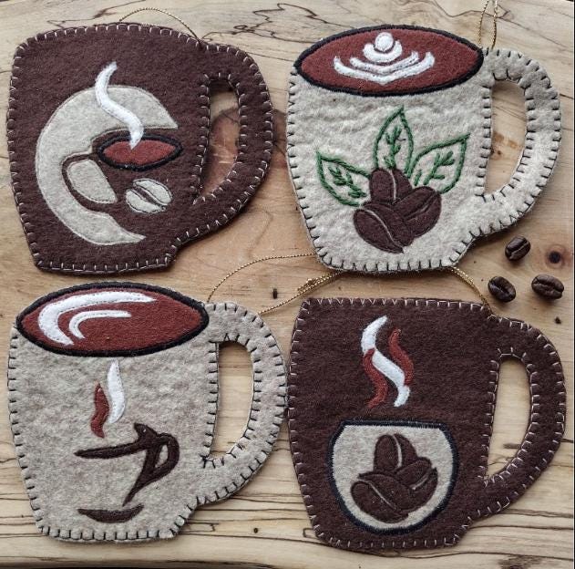 Coffee Mugs Ornaments   Wool Felt Kit   Rachel's of Greenfield   Wool, thread, instructions   4 ornaments