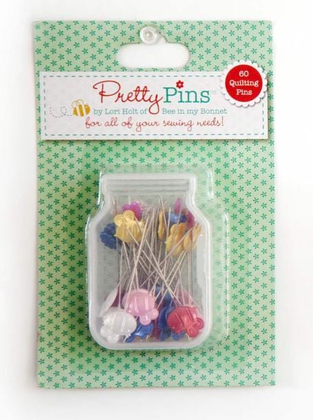 Lori Holt Sewing Pins   Box of 60   Bumblebees, flowers, hearts   in cute Mason Jar container