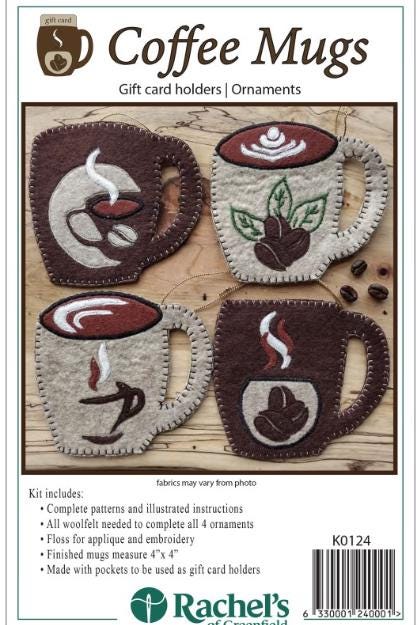 Coffee Mugs Ornaments   Wool Felt Kit   Rachel's of Greenfield   Wool, thread, instructions   4 ornaments