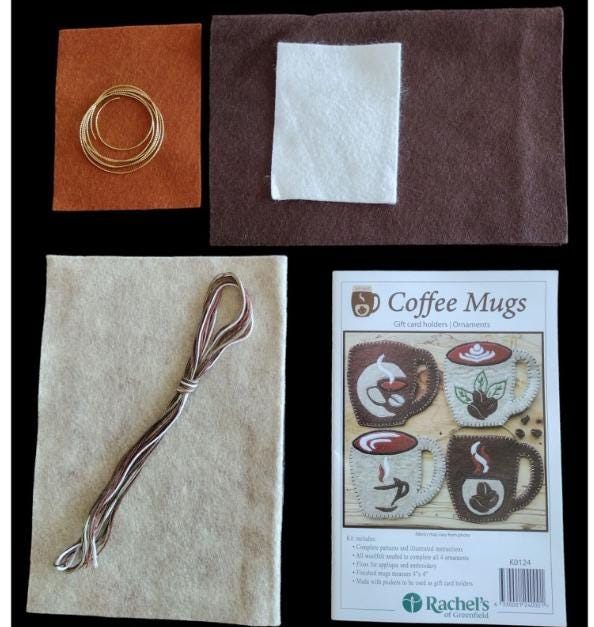 Coffee Mugs Ornaments   Wool Felt Kit   Rachel's of Greenfield   Wool, thread, instructions   4 ornaments