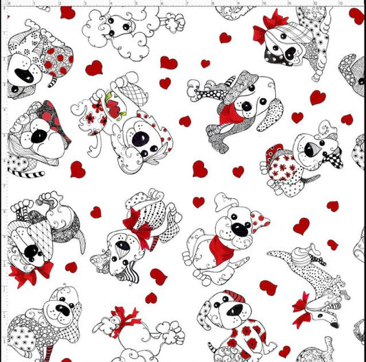 Loralie Designs Puppy Toss Fabric Red black and white   by the Half yard cut continuously New!