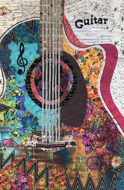 Laura Heine Fiberworks Guitar Collage Pattern 23 x 36"    Free Shipping