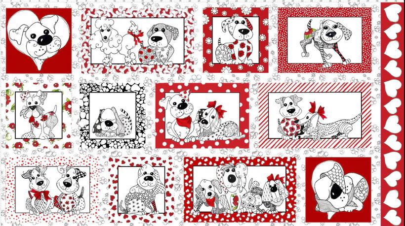 Loralie Puppy Love Fabric Panel   Red Black White